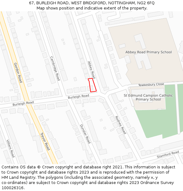 67, BURLEIGH ROAD, WEST BRIDGFORD, NOTTINGHAM, NG2 6FQ: Location map and indicative extent of plot