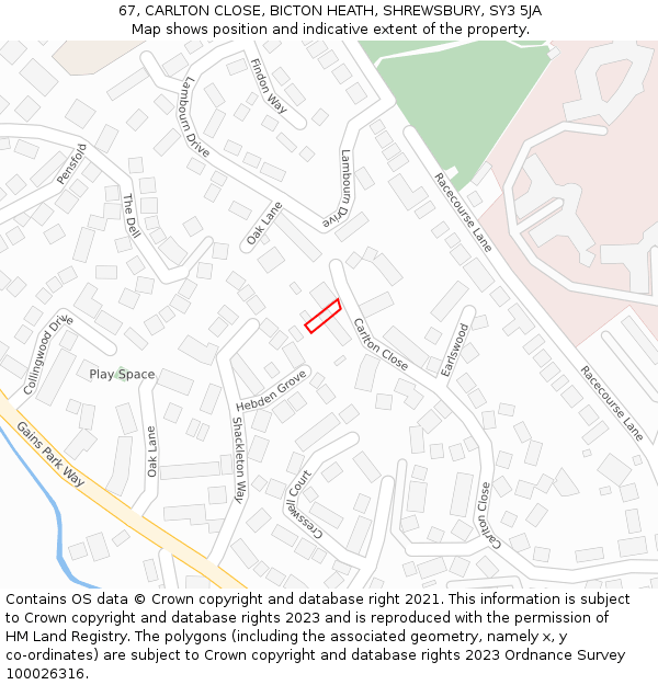 67, CARLTON CLOSE, BICTON HEATH, SHREWSBURY, SY3 5JA: Location map and indicative extent of plot