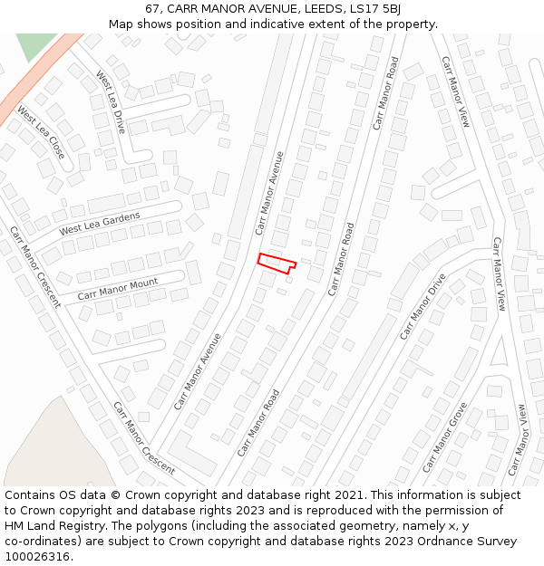 67, CARR MANOR AVENUE, LEEDS, LS17 5BJ: Location map and indicative extent of plot