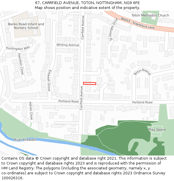 67, CARRFIELD AVENUE, TOTON, NOTTINGHAM, NG9 6FE: Location map and indicative extent of plot