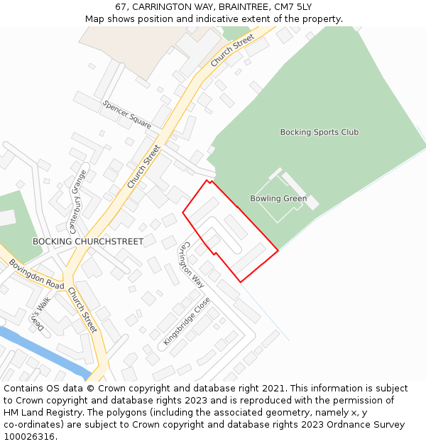 67, CARRINGTON WAY, BRAINTREE, CM7 5LY: Location map and indicative extent of plot