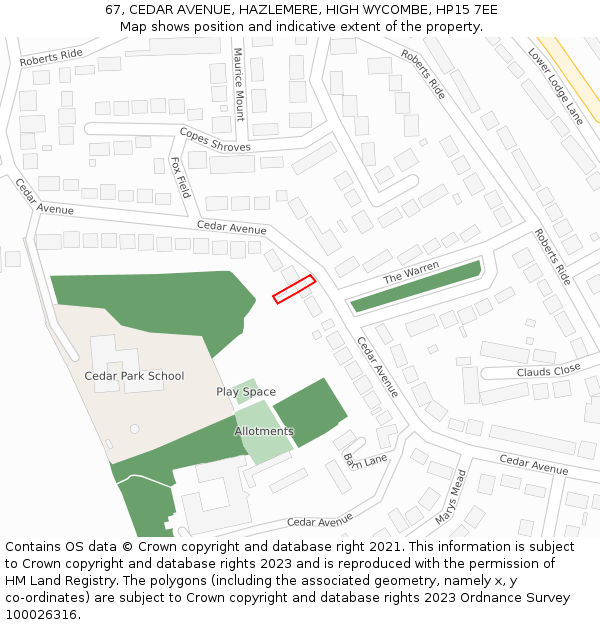 67, CEDAR AVENUE, HAZLEMERE, HIGH WYCOMBE, HP15 7EE: Location map and indicative extent of plot