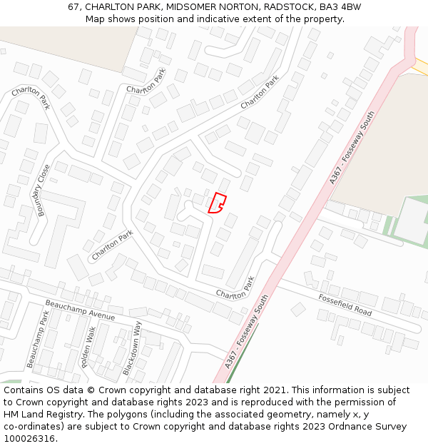 67, CHARLTON PARK, MIDSOMER NORTON, RADSTOCK, BA3 4BW: Location map and indicative extent of plot