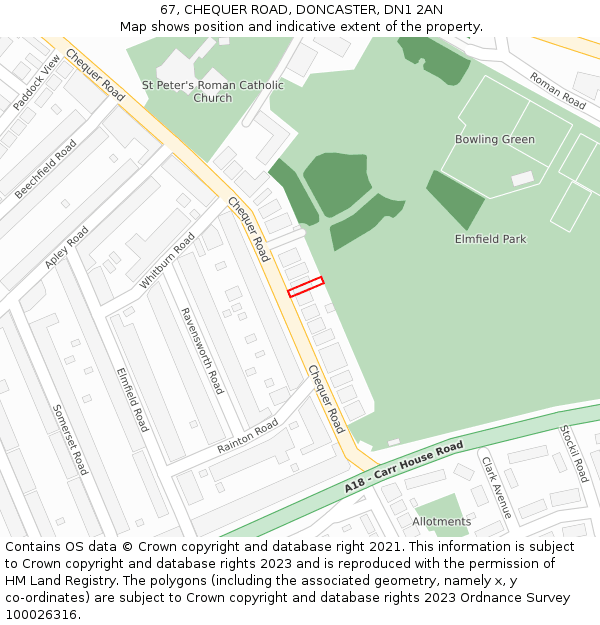 67, CHEQUER ROAD, DONCASTER, DN1 2AN: Location map and indicative extent of plot