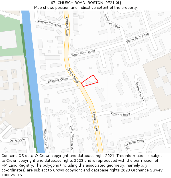 67, CHURCH ROAD, BOSTON, PE21 0LJ: Location map and indicative extent of plot