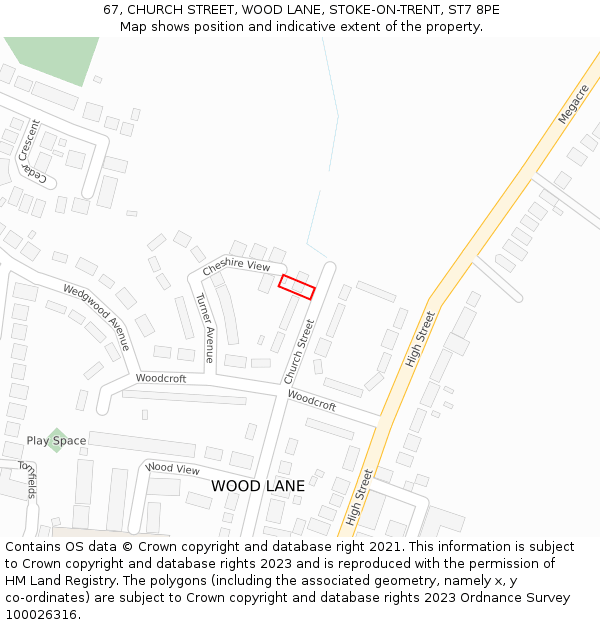 67, CHURCH STREET, WOOD LANE, STOKE-ON-TRENT, ST7 8PE: Location map and indicative extent of plot