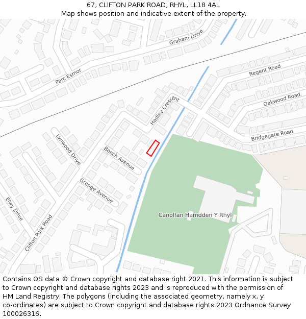 67, CLIFTON PARK ROAD, RHYL, LL18 4AL: Location map and indicative extent of plot