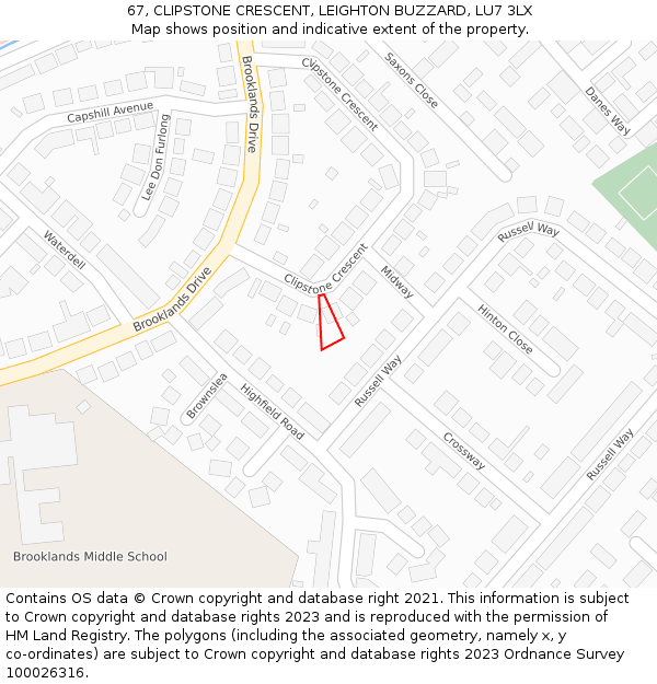67, CLIPSTONE CRESCENT, LEIGHTON BUZZARD, LU7 3LX: Location map and indicative extent of plot