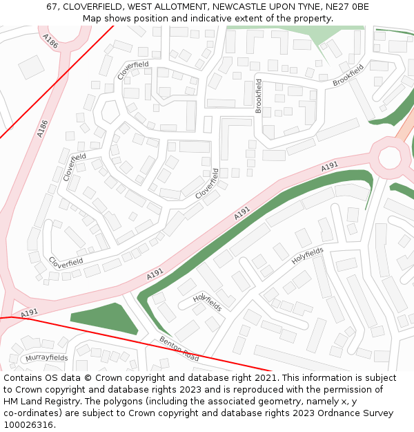 67, CLOVERFIELD, WEST ALLOTMENT, NEWCASTLE UPON TYNE, NE27 0BE: Location map and indicative extent of plot
