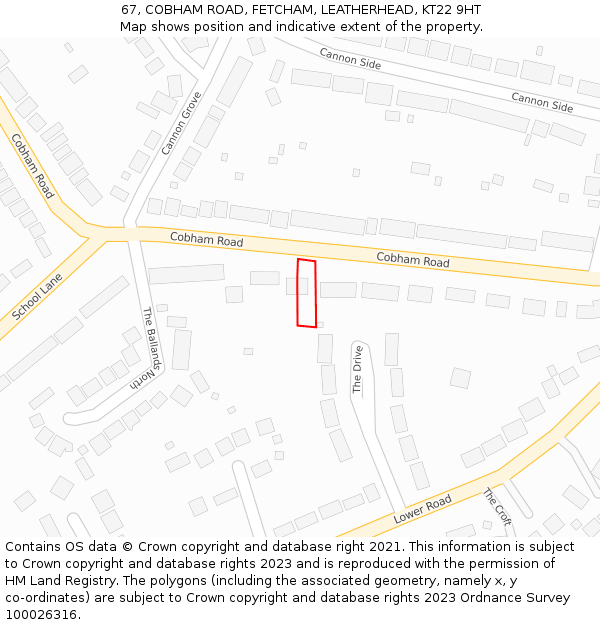 67, COBHAM ROAD, FETCHAM, LEATHERHEAD, KT22 9HT: Location map and indicative extent of plot