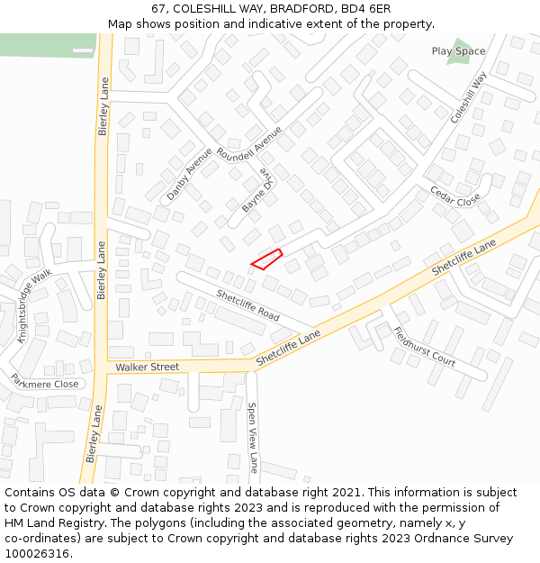 67, COLESHILL WAY, BRADFORD, BD4 6ER: Location map and indicative extent of plot