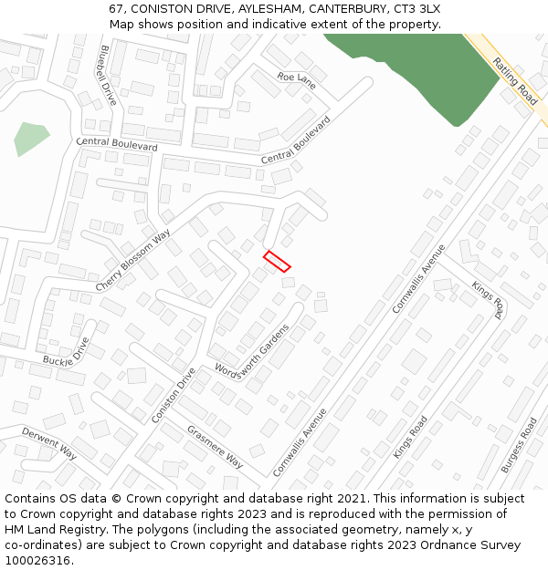 67, CONISTON DRIVE, AYLESHAM, CANTERBURY, CT3 3LX: Location map and indicative extent of plot