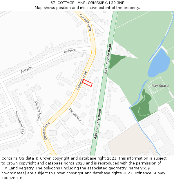 67, COTTAGE LANE, ORMSKIRK, L39 3NF: Location map and indicative extent of plot