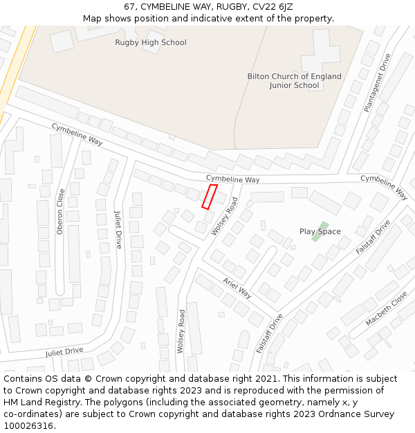 67, CYMBELINE WAY, RUGBY, CV22 6JZ: Location map and indicative extent of plot