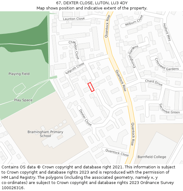 67, DEXTER CLOSE, LUTON, LU3 4DY: Location map and indicative extent of plot