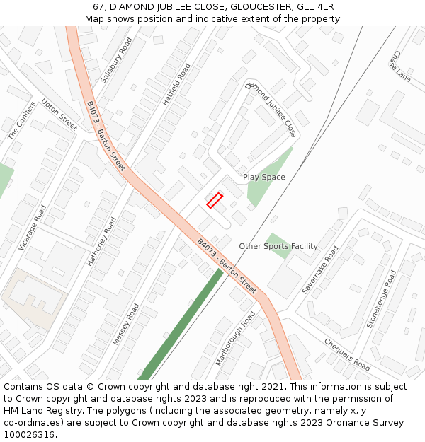 67, DIAMOND JUBILEE CLOSE, GLOUCESTER, GL1 4LR: Location map and indicative extent of plot