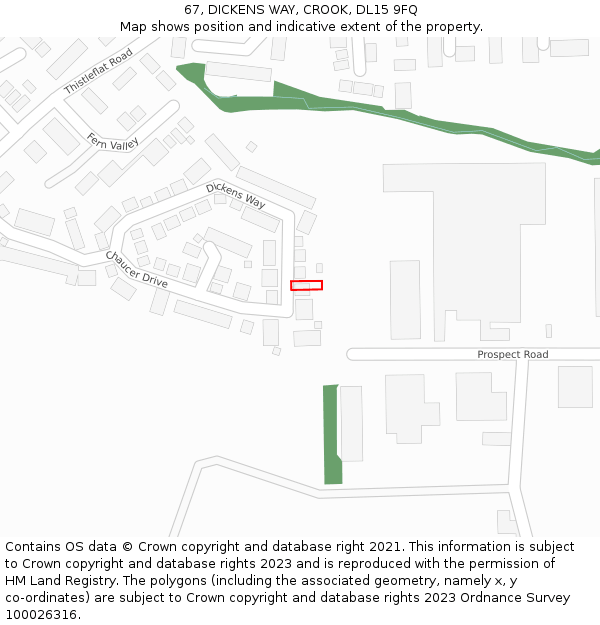 67, DICKENS WAY, CROOK, DL15 9FQ: Location map and indicative extent of plot