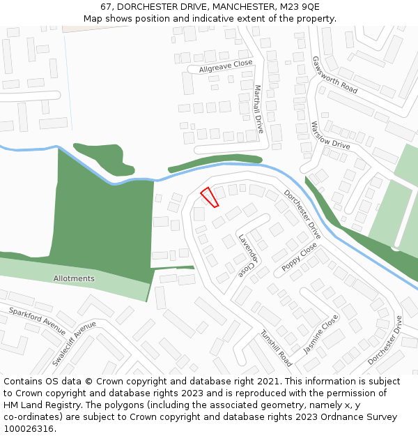 67, DORCHESTER DRIVE, MANCHESTER, M23 9QE: Location map and indicative extent of plot