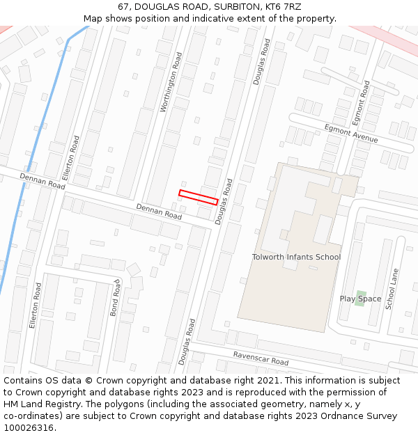 67, DOUGLAS ROAD, SURBITON, KT6 7RZ: Location map and indicative extent of plot
