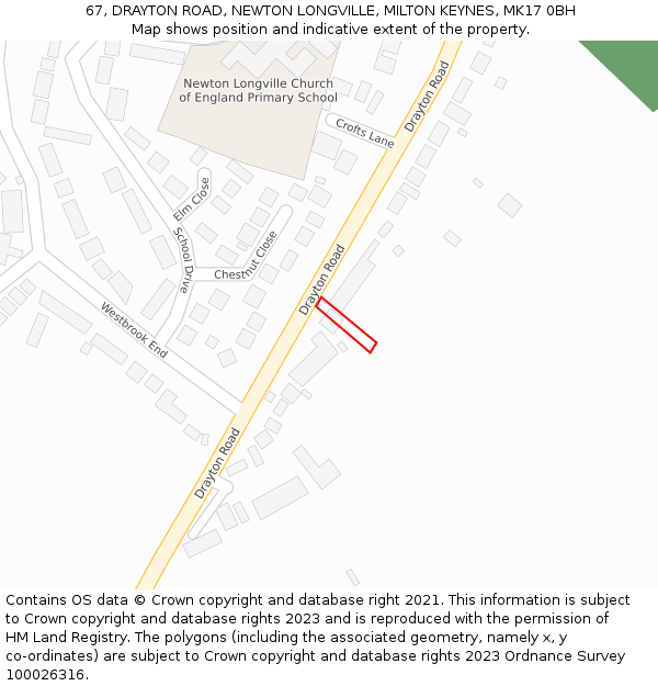 67, DRAYTON ROAD, NEWTON LONGVILLE, MILTON KEYNES, MK17 0BH: Location map and indicative extent of plot