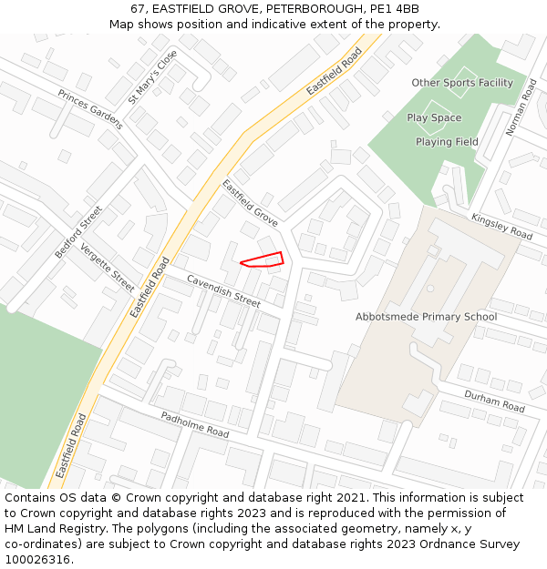 67, EASTFIELD GROVE, PETERBOROUGH, PE1 4BB: Location map and indicative extent of plot