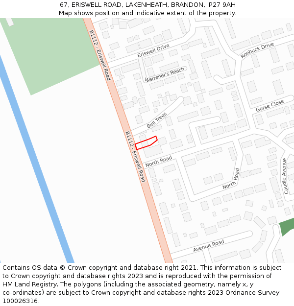 67, ERISWELL ROAD, LAKENHEATH, BRANDON, IP27 9AH: Location map and indicative extent of plot