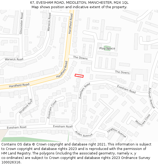 67, EVESHAM ROAD, MIDDLETON, MANCHESTER, M24 1QL: Location map and indicative extent of plot