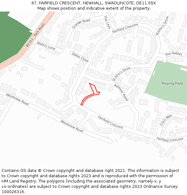 67, FAIRFIELD CRESCENT, NEWHALL, SWADLINCOTE, DE11 0SX: Location map and indicative extent of plot