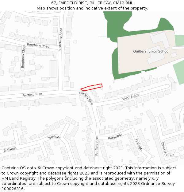 67, FAIRFIELD RISE, BILLERICAY, CM12 9NL: Location map and indicative extent of plot