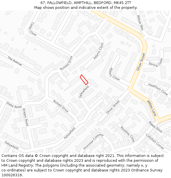 67, FALLOWFIELD, AMPTHILL, BEDFORD, MK45 2TT: Location map and indicative extent of plot
