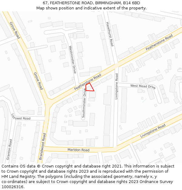 67, FEATHERSTONE ROAD, BIRMINGHAM, B14 6BD: Location map and indicative extent of plot