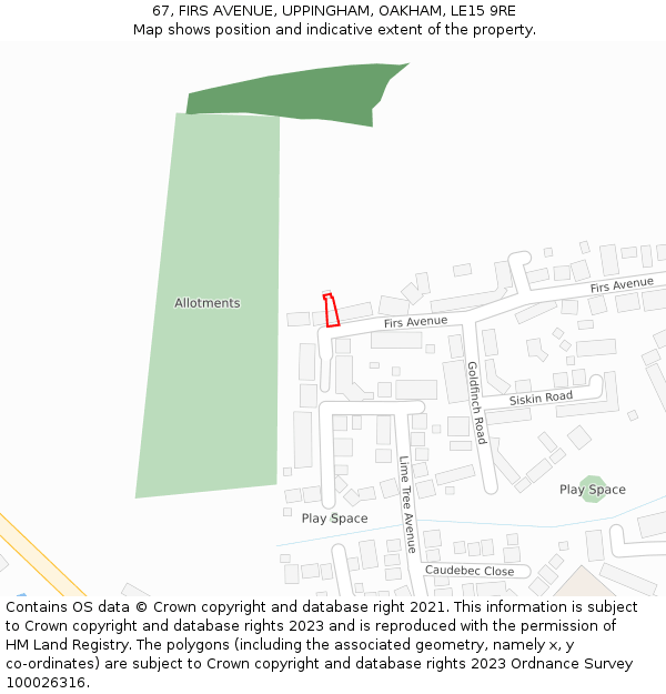 67, FIRS AVENUE, UPPINGHAM, OAKHAM, LE15 9RE: Location map and indicative extent of plot