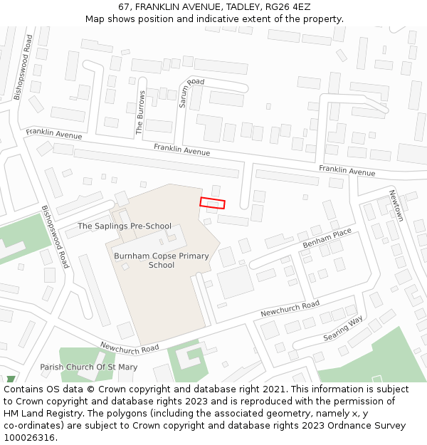 67, FRANKLIN AVENUE, TADLEY, RG26 4EZ: Location map and indicative extent of plot