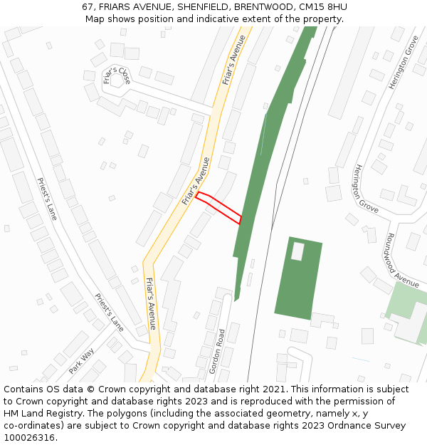 67, FRIARS AVENUE, SHENFIELD, BRENTWOOD, CM15 8HU: Location map and indicative extent of plot