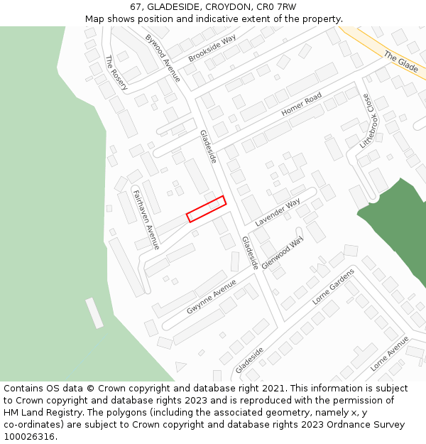 67, GLADESIDE, CROYDON, CR0 7RW: Location map and indicative extent of plot