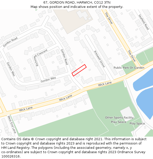 67, GORDON ROAD, HARWICH, CO12 3TN: Location map and indicative extent of plot