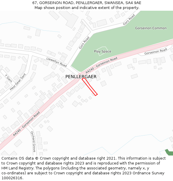 67, GORSEINON ROAD, PENLLERGAER, SWANSEA, SA4 9AE: Location map and indicative extent of plot