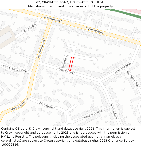 67, GRASMERE ROAD, LIGHTWATER, GU18 5TL: Location map and indicative extent of plot