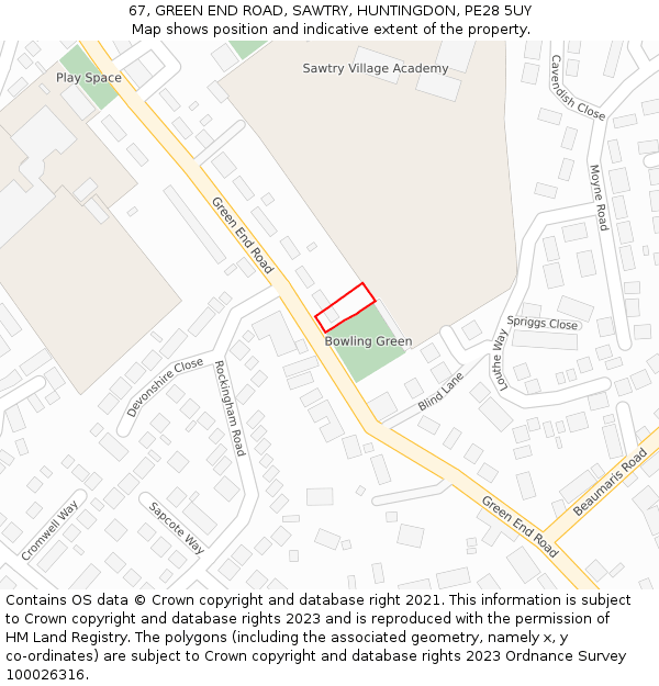 67, GREEN END ROAD, SAWTRY, HUNTINGDON, PE28 5UY: Location map and indicative extent of plot