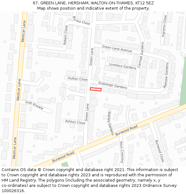 67, GREEN LANE, HERSHAM, WALTON-ON-THAMES, KT12 5EZ: Location map and indicative extent of plot