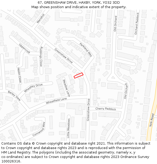 67, GREENSHAW DRIVE, HAXBY, YORK, YO32 3DD: Location map and indicative extent of plot