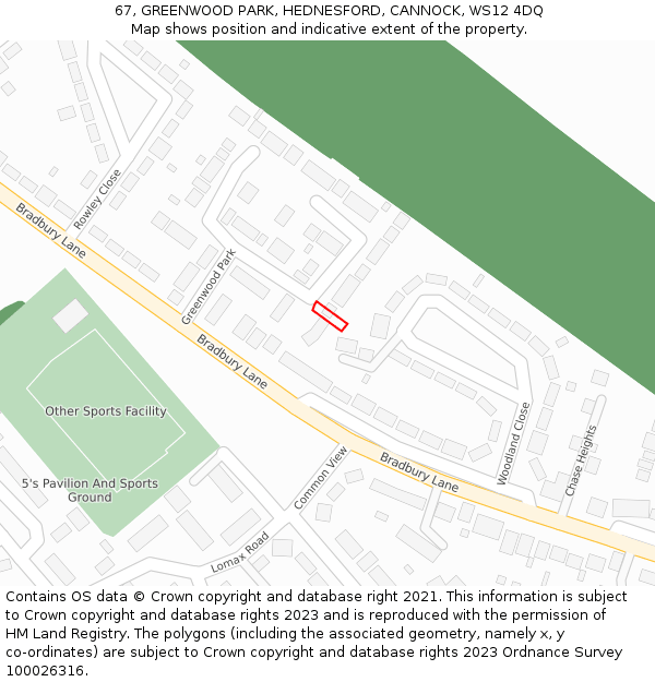 67, GREENWOOD PARK, HEDNESFORD, CANNOCK, WS12 4DQ: Location map and indicative extent of plot