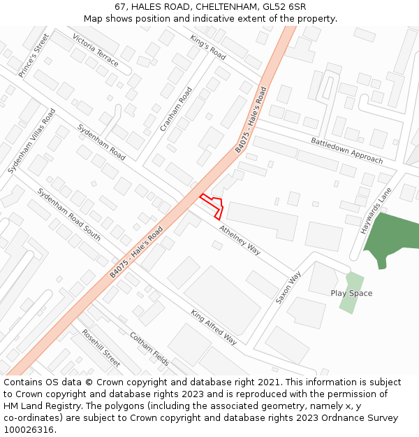 67, HALES ROAD, CHELTENHAM, GL52 6SR: Location map and indicative extent of plot