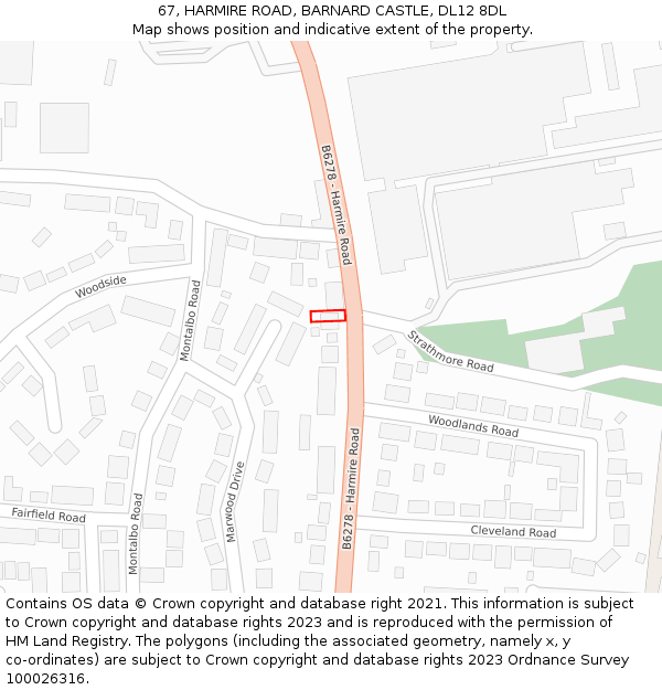 67, HARMIRE ROAD, BARNARD CASTLE, DL12 8DL: Location map and indicative extent of plot