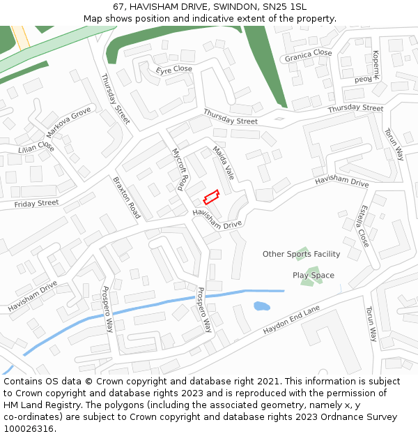 67, HAVISHAM DRIVE, SWINDON, SN25 1SL: Location map and indicative extent of plot