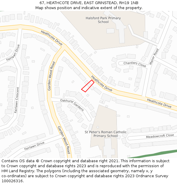 67, HEATHCOTE DRIVE, EAST GRINSTEAD, RH19 1NB: Location map and indicative extent of plot