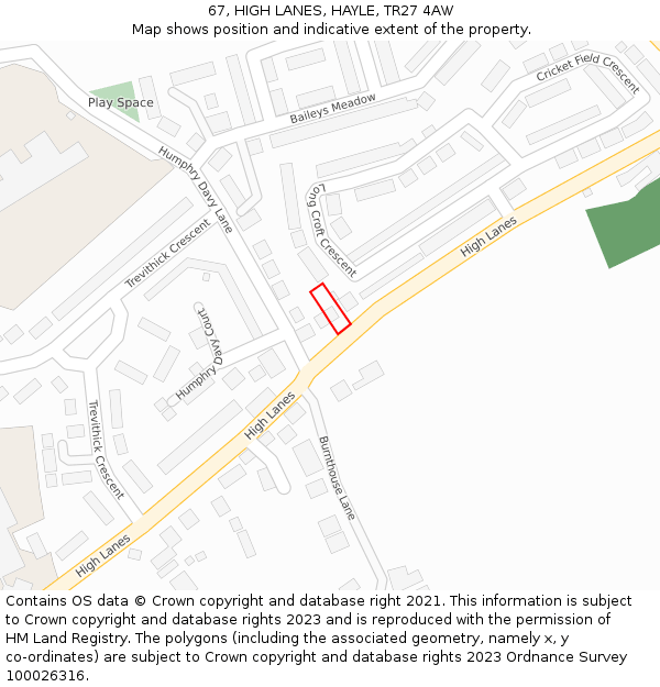 67, HIGH LANES, HAYLE, TR27 4AW: Location map and indicative extent of plot