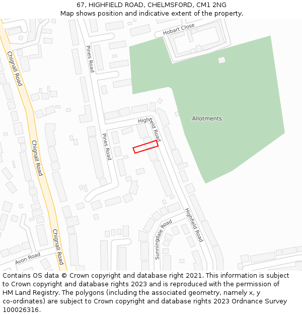 67, HIGHFIELD ROAD, CHELMSFORD, CM1 2NG: Location map and indicative extent of plot