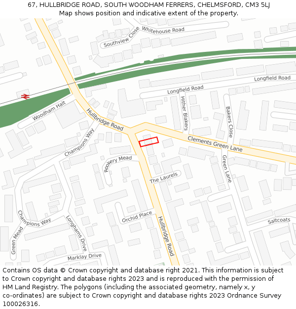 67, HULLBRIDGE ROAD, SOUTH WOODHAM FERRERS, CHELMSFORD, CM3 5LJ: Location map and indicative extent of plot