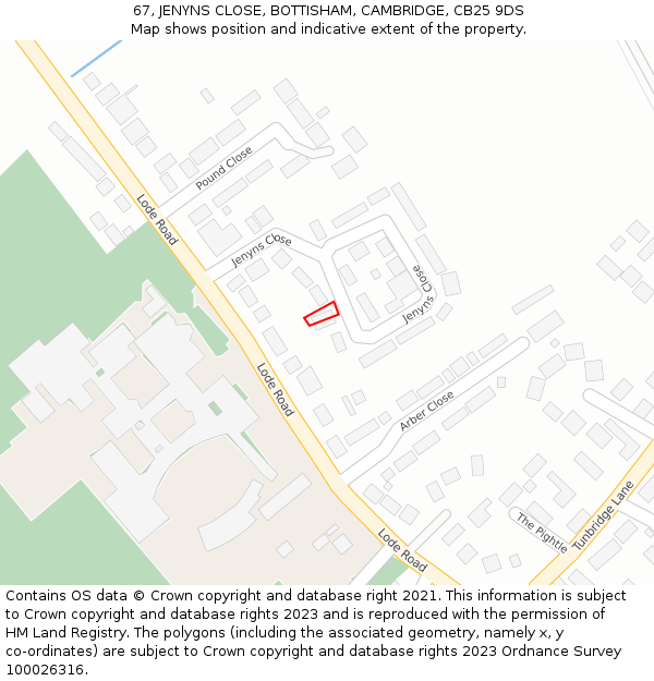 67, JENYNS CLOSE, BOTTISHAM, CAMBRIDGE, CB25 9DS: Location map and indicative extent of plot